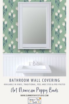 bathroom wall covering art nouveau flower pattern with text overlaying the image and below it