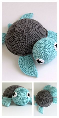 the crocheted turtle is laying down on the table next to it's head