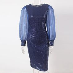 Navy Blue Sequined Long Balloon Sleeves Hollow Out O Neck Short Pencil Midi Dress Blue Sheath Bodycon Dress For Night Out, Blue Sequin Bodycon Dress, Blue Sheath Bodycon Dress For Parties, Blue Sheath Bodycon Cocktail Dress, Royal Blue Party Dress For Fall, Elegant Blue Sequined Bodycon Dress, Blue Long Sleeve Sequin Mini Dress, Blue Sheath Midi Dress For Fall, Blue Sheath Midi Dress For Night Out