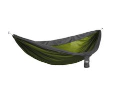 a hammock hanging from the side with straps on it's back end