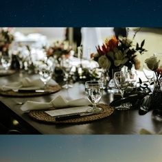 two photographs of the same table setting with wine glasses, napkins and place settings