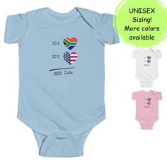 South African Baby short sleeve one-piece bodysuit, 1/2 American 1/2 South African shirt, half American half South African infant baby grow Baby clothing needs to be both durable and soft. With the Rabbit skins infant fine jersey bodysuit, youths get just that. The fabric is 100% cotton for solid colors. For heather colors, polyester is included. There are seams along the sides of this product. All bindings are made with ribbed knitting for improved durability. There are plastic snaps at the cro Casual Short Sleeve Onesie With Graphic Print, Fitted Short Sleeve Bodysuit With Graphic Print, Fitted Graphic Print Short Sleeve Bodysuit, Fitted Short Sleeve Cotton Onesie, White Unisex Short Sleeve Onesie, White Short Sleeve Casual Onesie, Fitted Cotton Short Sleeve Bodysuit, Blue Cotton Short Sleeve Bodysuit, White Short Sleeve Bodysuit With Graphic Print