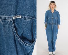 "Vintage 90s jumpsuit by Ideas in blue denim with 3/4 sleeves and snaps up the chest. Please see measurements and condition below. Every garment we sell is authentic vintage! You will receive the exact item photographed. Condition: Very good vintage. Has a couple faint spots that should come out with cleaning. Has a couple small holes on the sleeve cuff. Tag: Ideas Best fits women's: Medium  Material:  Cotton MEASUREMENTS Taken from seam to seam while the garment is lying flat. Double the armpit Vintage Denim Jumpsuit With Pockets For Streetwear, 90s Blue Denim Jumpsuit With Pockets, 90s Style Denim Jumpsuit With Pockets For Spring, Vintage Long Sleeve Overalls For Spring, 90s Style Denim Jumpsuit With Pockets, Jumpsuit 90s, 90s Jumpsuit, Tag Ideas, Womens Jumpsuits