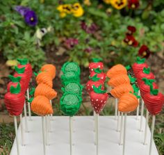 there are carrots and strawberries on top of toothpicks in the grass