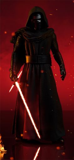 darth vader standing in front of a red background with lights coming from it