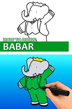 a hand drawing an elephant in front of a blue and green background with the words how to draw babar