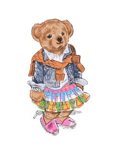 a drawing of a teddy bear wearing a jean jacket and colorful ruffle skirt with boots