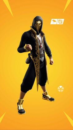 the character in fortnimo is wearing a black and gold outfit