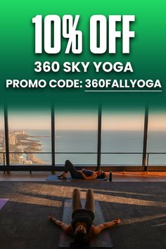 a woman is doing yoga in front of a window with the words 10 % off