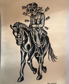 a drawing of a man riding on the back of a horse with arrows above his head