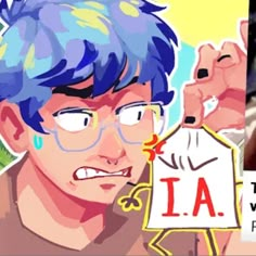 an animated image of a man with blue hair and glasses holding up a sign that says la