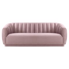 a pink velvet couch with pleated back and arms, viewed from the front view