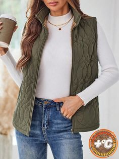 Women's Solid Color Simple Quilted Padded Sleeveless Vest Army Green   Sleeveless Woven Fabric   Non-Stretch  Women Clothing, size features are:Bust: ,Length: ,Sleeve Length: Casual Green Vest Top, Casual Green Cotton Vest, Green Winter Vest Top, Army Green Vest Outfit, Khaki Sleeveless Winter Vest, English Country Style Outfits, Green Cotton Winter Vest, Quilted Vest Outfit, Outerwear Women Winter