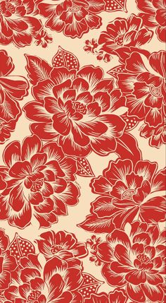 a red and white flowered background with lots of flowers on the bottom half of it