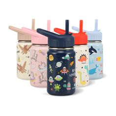 four children's sippy bottles with different designs and colors, one has a straw in the top