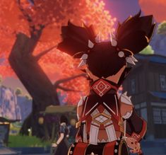 an animated character standing in front of a tree with red leaves on its head and chest