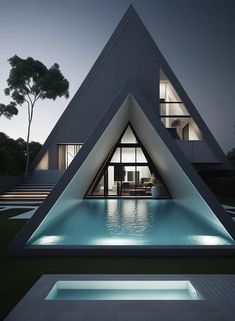 a house with a pool in the middle of it and a large triangle shaped building next to it