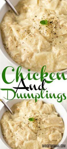 two bowls filled with chicken and dumpling soup