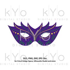 a purple masque mask with green and yellow details on the side, in front of a white background