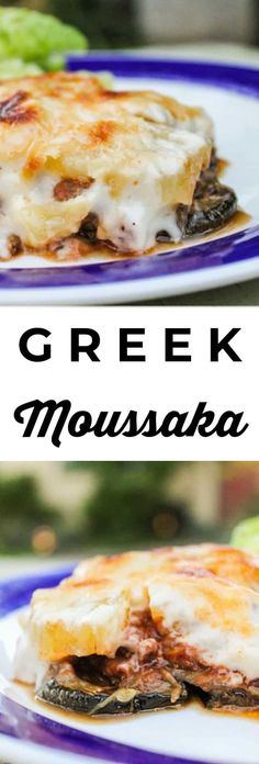 two plates with different types of food and the words greek moussata on them