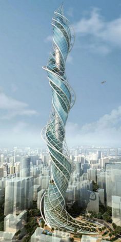 an artistic rendering of a spiraly building in the middle of a city with skyscrapers