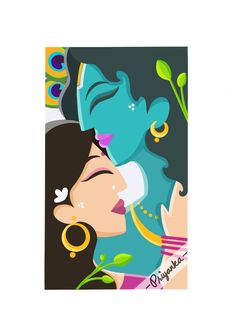 two women are kissing each other in front of a white background with green leaves and flowers