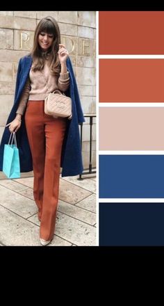 Elevate your fall wardrobe with this stunning color combo! 🍂✨ Burnt orange pants paired with a cozy blush sweater and a chic navy coat make for a bold, fashionable statement. Perfect for transitioning into cooler weather with warm tones and contrasting layers. Whether you're out shopping or enjoying a casual day, this look has you covered! #FallOutfitInspo #BurntOrangeStyle #NavyAndBlush #FashionInspiration #AutumnLooks Contrast Colour Outfits, Rust Orange Outfits Color Combos, Colors To Wear In Winter, Copper Colored Pants Outfit, Blue Pants Outfit Fall, Purple And Orange Outfit Ideas, Rust Colored Outfits, Gray And Orange Outfit, Rust Orange Pants Outfit