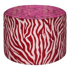 a red and white zebra print stool with pink fabric on the top, sitting in front of a white background