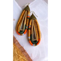 "Handwoven/ Hand Dyed Textile Earrings  Plant Dyed with Yellow Onion  Made of Cotton + Brass Hypoallergenic Gold Plated Ear Wire Overall Length - 3.25\" Width - 1.25\"" Textile Earrings, Woven Earrings, Fiber Jewelry, Hand Woven Textiles, Jewellery Making Materials, Plant Dyes, Earrings Inspiration, Textile Jewelry, Yellow Onion