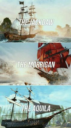 two ships in the ocean with captions that read, the jackdaw and the morrigan