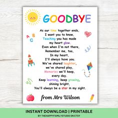 an instant printable from mrs wilson to her son's birthday card with the words goodbye