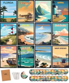 an assortment of travel posters and stickers with the names of different countries on them