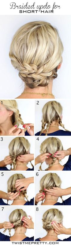 Source Short Updo, Updo For Short Hair, Updo Hairstyles Tutorials, Diy Wedding Hair, Updo Tutorial, Fishtail Braid, Pretty Braided Hairstyles, Braided Hairstyles Updo, Penteado Cabelo Curto