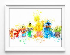 the sesame street gang watercolor art print is displayed in a white frame on a wall