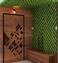 a room with a wooden door and green wallpaper on the walls next to a bench