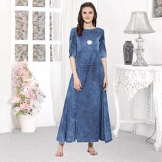 Denim Dress Long - PUSHMYCART Spring Cotton Midi Dress With Side Slits, Full Length Dresses With Side Slits For Spring, Casual Cotton Maxi Dress With Side Slits, Full-length Spring Dresses With Side Slits, Indigo Cotton Midi Length Denim Dress, Indigo Cotton Denim Midi Dress, Cotton Maxi Dress With Side Slits, Indigo Midi-length Cotton Denim Dress, Indigo Midi Length Cotton Denim Dress