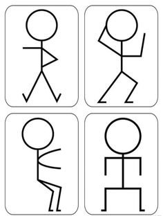 four stick figures with different poses and expressions