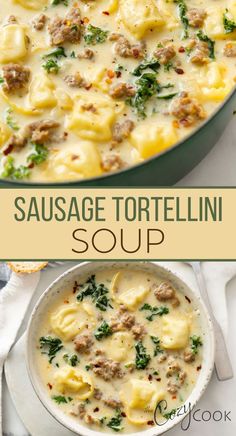 sausage tortellini soup with tortellini, sausage, and kale in a creamy broth Sausage Tortellini Soup With Heavy Cream, Sausage Kale Tortellini Soup Crockpot, Sausage Toscana Soup, Supper Ideas Sausage, Palmini Soup Recipes, Shut Your Yapper Soup, Sausage And Tortellini Recipes Soup, Tortilini Sausage Soup Recipe, Tortellini Kale Soup Recipes