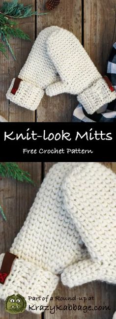 knitted mitts with text that reads, knit - look mitts free crochet pattern