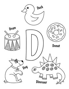 the letter d is for dinosaur and other animals with their names in black and white