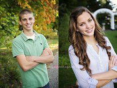 two young people are posing for pictures in front of some trees and bushes, one is smiling at the camera