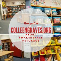 collage of photos with text overlaying college grads org about makerspace storage