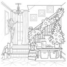 christmas tree in the living room coloring page