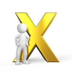 a person standing in front of a golden x sign on a white background with the letter x behind it