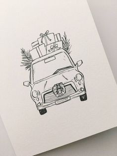 a drawing of a car with presents on top