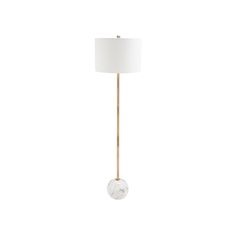 a floor lamp with a white shade on the base and a round light fixture attached to it