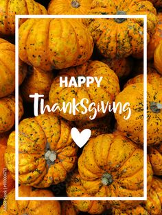 pumpkins with the words happy thanksgiving written in white on top and an image of a heart