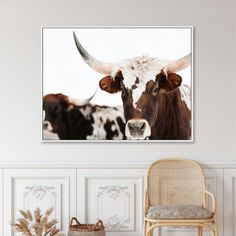 a cow with long horns standing in a room