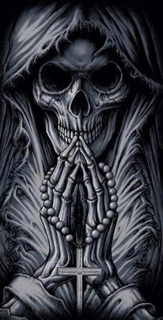 a skeleton holding a cross and praying with hands in front of it, on a black background