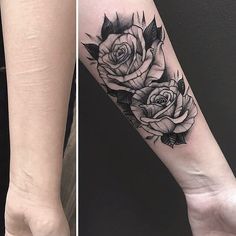 a woman's arm with two roses tattooed on the left side of her leg